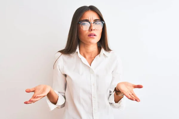 Young Beautiful Businesswoman Wearing Glasses Standing Isolated White Background Clueless — Stockfoto