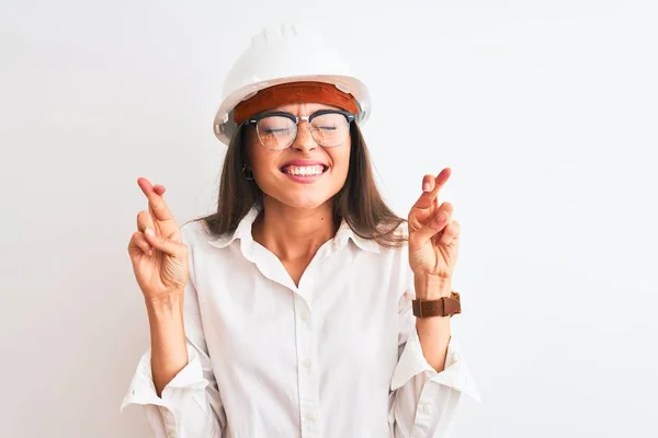 Young Beautiful Architect Woman Wearing Helmet Glasses Isolated White Background — Stockfoto