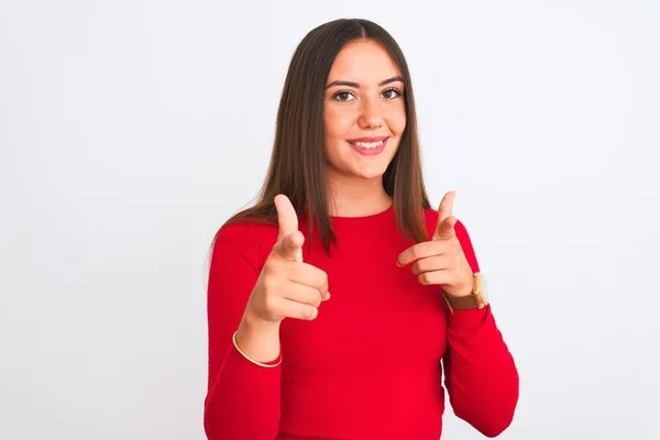 Jong Mooi Meisje Draagt Rood Casual Shirt Staan Geïsoleerde Witte — Stockfoto