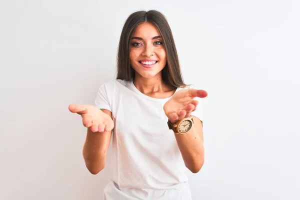 Young Beautiful Woman Wearing Casual Shirt Standing Isolated White Background — Stockfoto