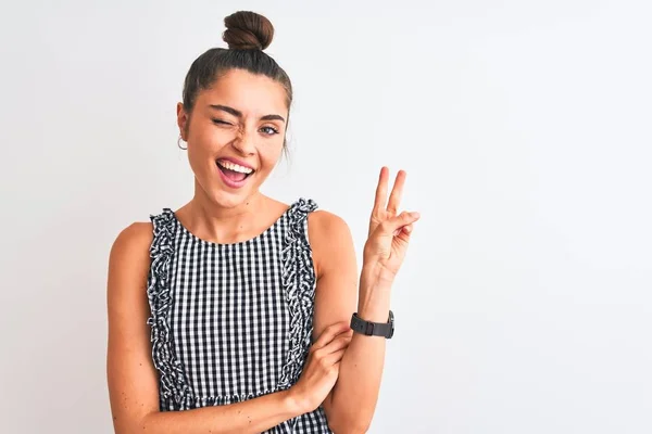 Beautiful Woman Bun Wearing Casual Dresss Standing Isolated White Background — Stockfoto