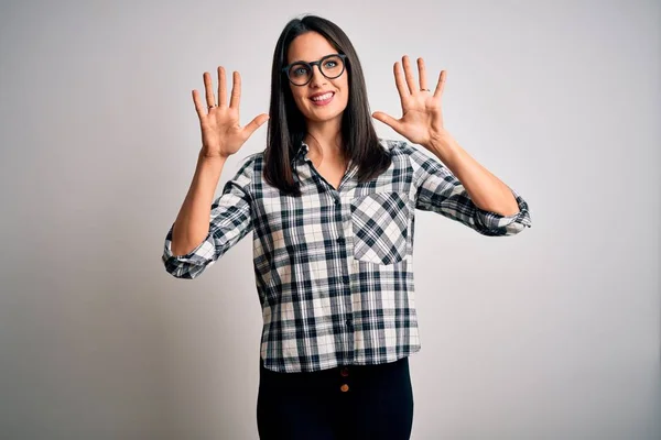 Young Brunette Woman Blue Eyes Wearing Casual Shirt Glasses White — Stockfoto