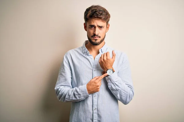 Young Handsome Man Beard Wearing Striped Shirt Standing White Background — Stockfoto