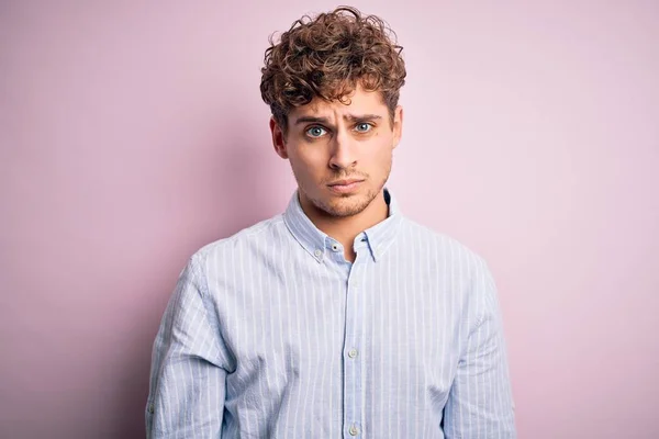 Young Blond Handsome Man Curly Hair Wearing Striped Shirt White — 스톡 사진