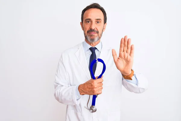 Middle Age Doctor Man Wearing Coat Holding Stethoscope Isolated White — Stock Photo, Image