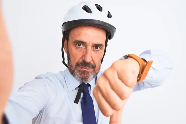 Middle Age Businessman Wearing Bike Helmet Make Selfie Isolated White — 스톡 사진