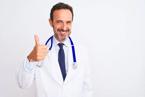 Middle Age Doctor Man Wearing Coat Stethoscope Standing Isolated White — Stok fotoğraf