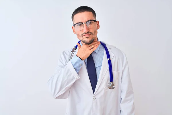 Young Doctor Man Wearing Stethoscope Isolated Background Cutting Throat Hand — 스톡 사진