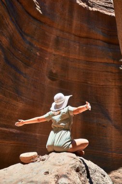 Genç Beauitufl yürüyüşçüsü kadın yaz tatilini kutlayan kollarıyla turuncu dağda yürüyor.