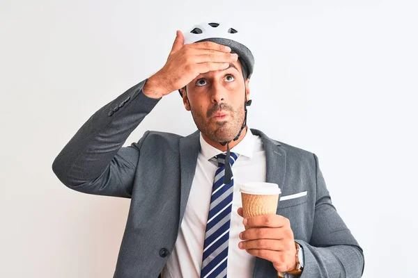 Jeune Homme Affaires Beau Portant Casque Vélo Emporter Café Sur — Photo