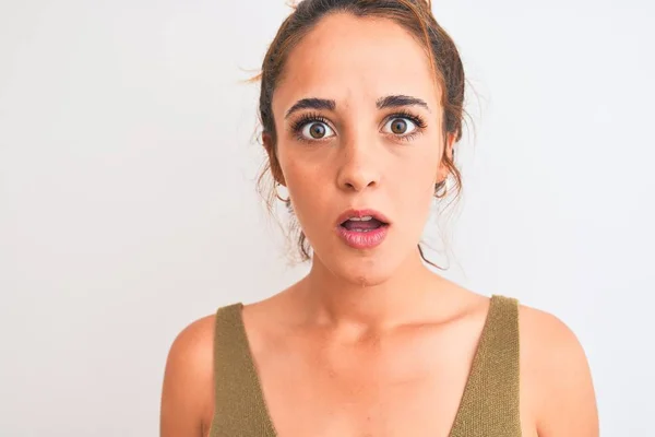 Young Redhead Woman Wearing Bun Isolated Background Scared Shock Surprise — Stock Photo, Image