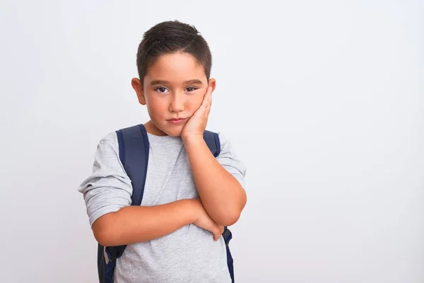 Mooie Student Jongen Dragen Van Rugzak Staan Geïsoleerde Witte Achtergrond — Stockfoto