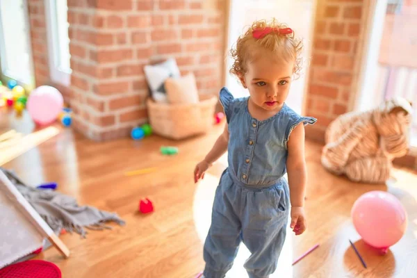 Beautiful Caucasian Infant Playing Toys Colorful Playroom Happy Playful Kindergarten — Stock Photo, Image