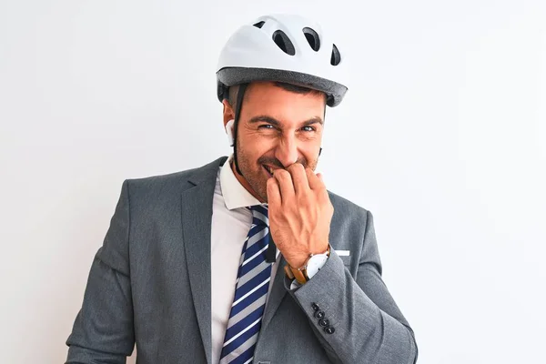 Jovem Bonito Homem Negócios Capacete Bicicleta Fones Ouvido Sem Fio — Fotografia de Stock
