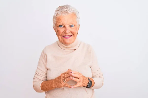 Senior Grey Haired Woman Wearing Turtleneck Sweater Standing Isolated White — Stok fotoğraf