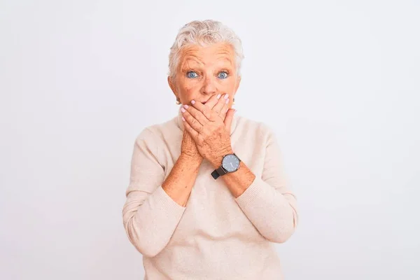 Senior Grey Haired Woman Wearing Turtleneck Sweater Standing Isolated White — Stok fotoğraf