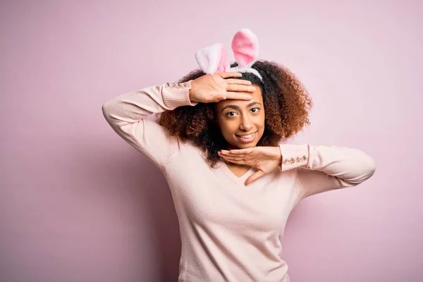 Young African American Woman Afro Hair Wearing Bunny Ears Pink — Stock Photo, Image