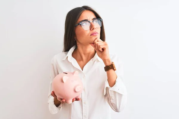 Beautiful Businesswoman Wearing Glasses Holding Piggy Bank Isolated White Background — 스톡 사진