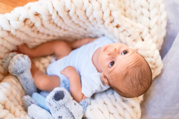 Adorable Baby Lying Blanket Floor Home Newborn Relaxing Resting Comfortable — Stock Photo, Image