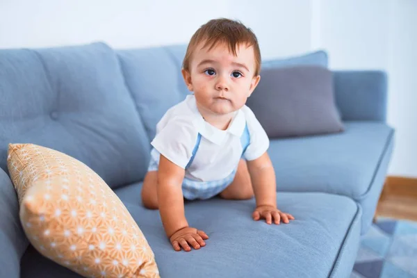 Adorable Toddler Sitting Sofa Home — Stock Photo, Image