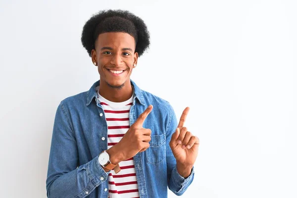 African American Man Wearing Striped Shirt Denim Jacket Isolated White — 스톡 사진