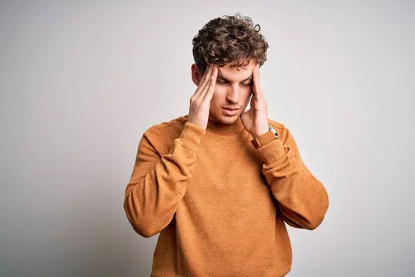 Young Blond Handsome Man Curly Hair Wearing Casual Sweater White — 스톡 사진