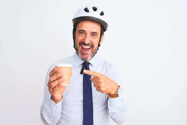 Homem Negócios Meia Idade Usando Capacete Bicicleta Beber Café Sobre — Fotografia de Stock