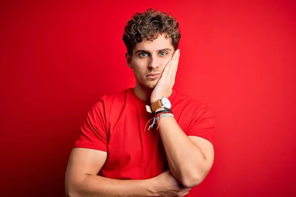 Young Blond Handsome Man Curly Hair Wearing Casual Shirt Red — 스톡 사진