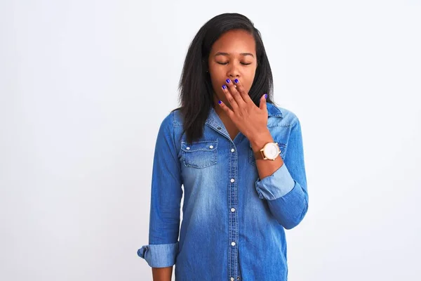 Beautiful Young African American Woman Wearing Denim Jacket Isolated Background — Stok fotoğraf