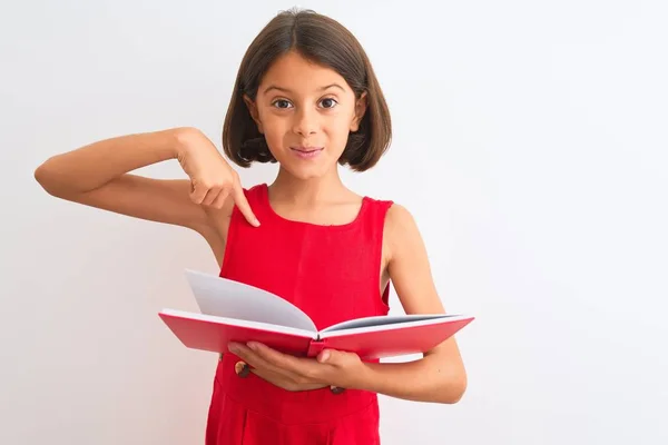 Beautiful Student Child Girl Reading Red Book Standing Isolated White — ストック写真