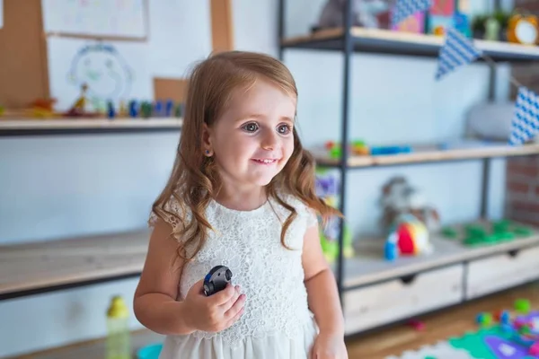 Adorable Blonde Toddler Smiling Happy Standing Smile Face Lots Toys — Stock Photo, Image