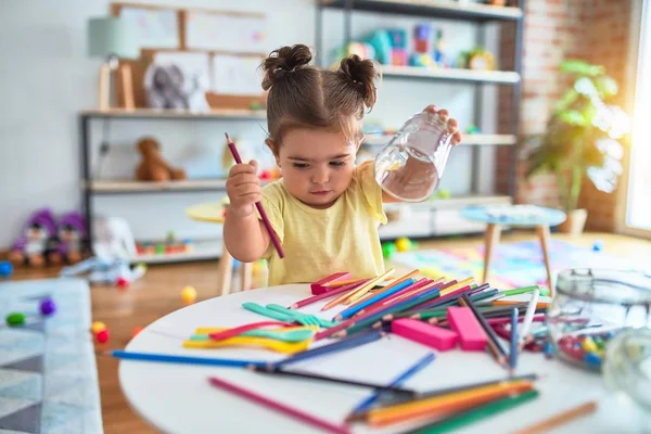 Beautiful Toddler Standing Holding Colored Pencils Kindergarten — Stock Photo, Image