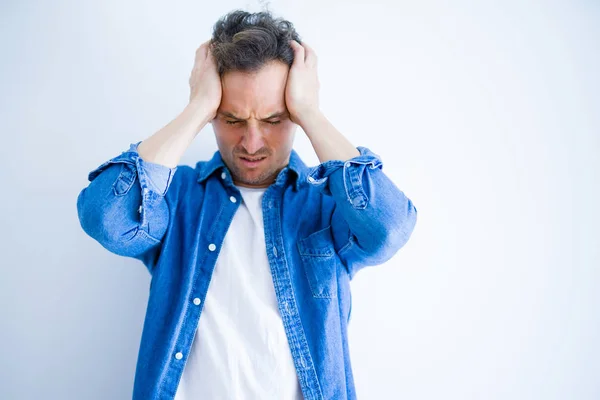 Young Handsome Man Wearing Denim Shirt Standing Isolated White Background — Stock Photo, Image