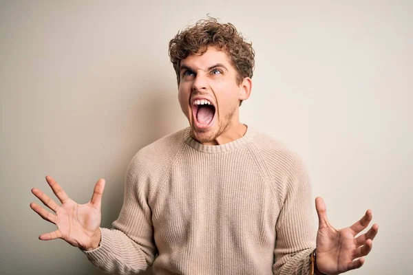 Young Blond Handsome Man Curly Hair Wearing Casual Sweater White — 스톡 사진