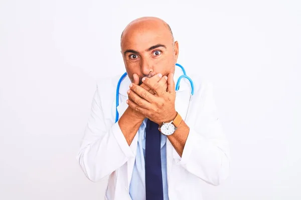 Middle Age Doctor Man Wearing Stethoscope Tie Standing Isolated White — 스톡 사진