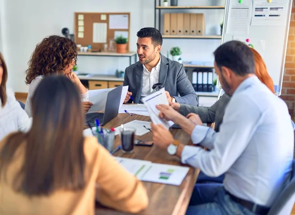 Group Business Workers Working Together Sitting Desk Using Laptop Reading — Stock Photo, Image