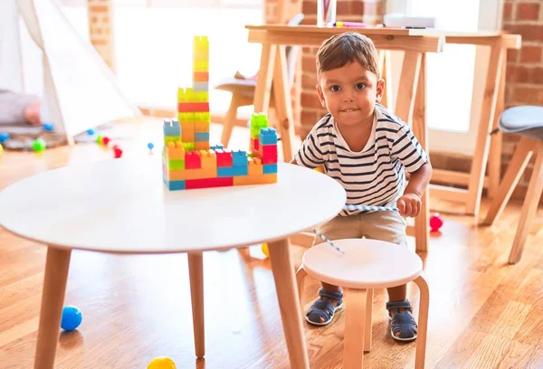 Beautiful Toddler Boy Playing Construction Blocks Kindergarten — Stock Photo, Image