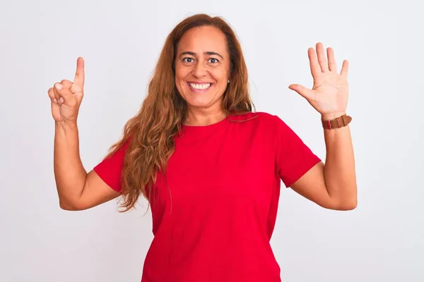 Mulher Madura Meia Idade Sobre Fundo Isolado Branco Mostrando Apontando — Fotografia de Stock