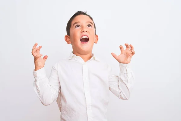 Mooie Jongen Draagt Elegante Shirt Staan Geïsoleerde Witte Achtergrond Gek — Stockfoto