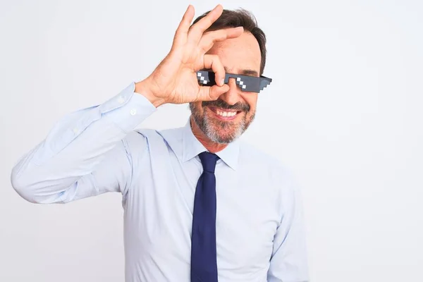 Middle Age Businessman Wearing Thug Life Sunglasses Isolated White Background — Stok fotoğraf