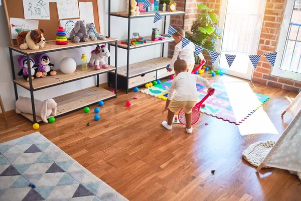 Adorable Blonde Twins Playing Lots Toys Kindergarten — Stock Photo, Image