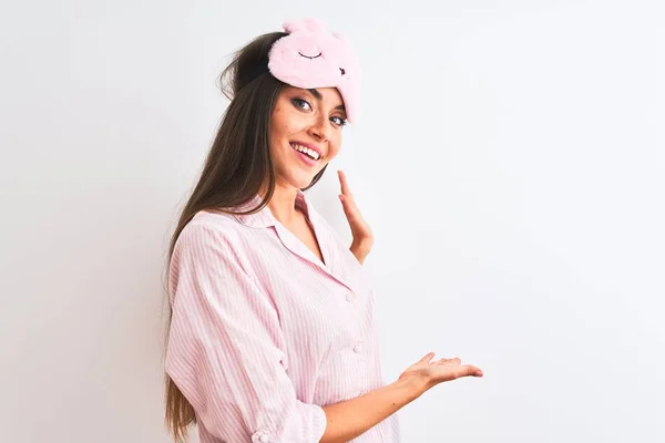 Young Beautiful Woman Wearing Sleep Mask Pajama Isolated White Background — Stock Photo, Image