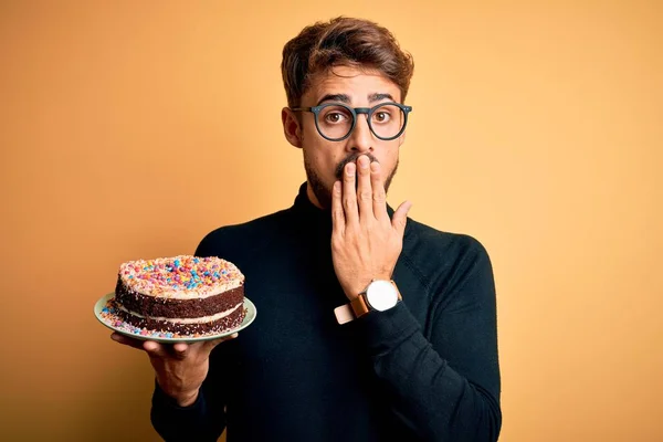 Young Man Beard Wearing Glasses Holding Birthday Cake Isolated Yellow — Stock Photo, Image