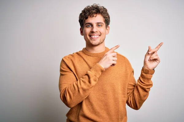 Young Blond Handsome Man Curly Hair Wearing Casual Sweater White — Stok Foto