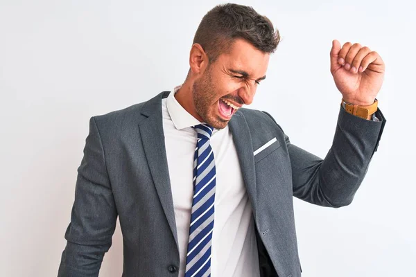 Jonge Knappe Zakenman Pak Das Geïsoleerde Achtergrond Dansen Vrolijk Vrolijk — Stockfoto