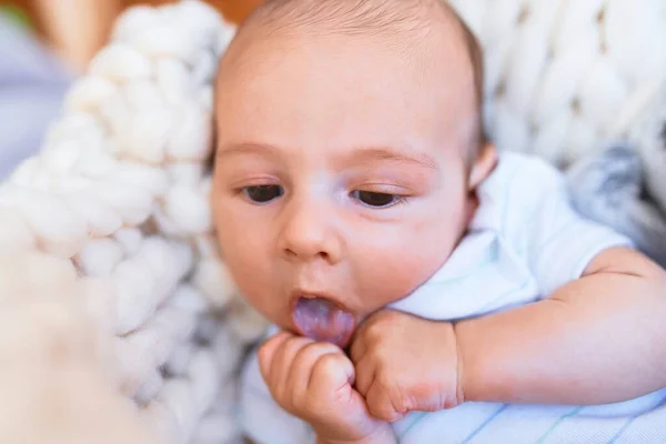 Adorable Baby Lying Blanket Floor Home Newborn Relaxing Resting Comfortable — Stock Photo, Image