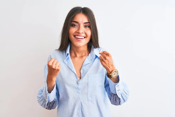 Young Beautiful Woman Wearing Blue Elegant Shirt Standing Isolated White — Stock Photo, Image