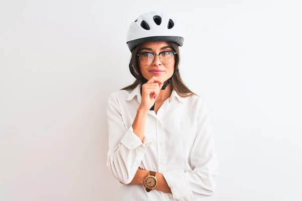 Beautiful Businesswoman Wearing Glasses Bike Helmet Isolated White Background Looking — Stockfoto
