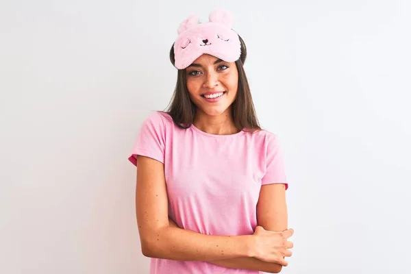 Young Beautiful Woman Wearing Sleep Mask Standing Isolated White Background — 스톡 사진