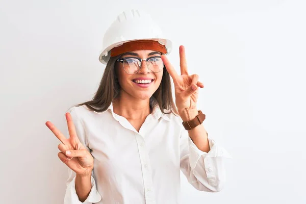 Young Beautiful Architect Woman Wearing Helmet Glasses Isolated White Background — 图库照片